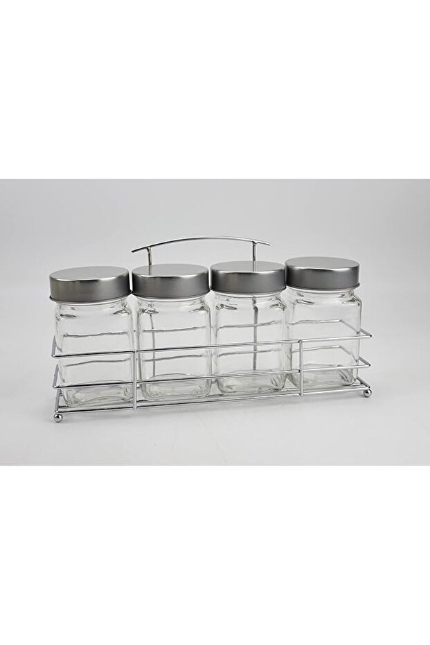 4PCS GLASS SPICE JAR SET WITH METAL RACK