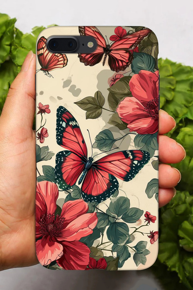 حافظة سيليكون متوافقة مع هاتف Apple iPhone 8 Plus مطبوعة بنمط الفراشة الحمراء