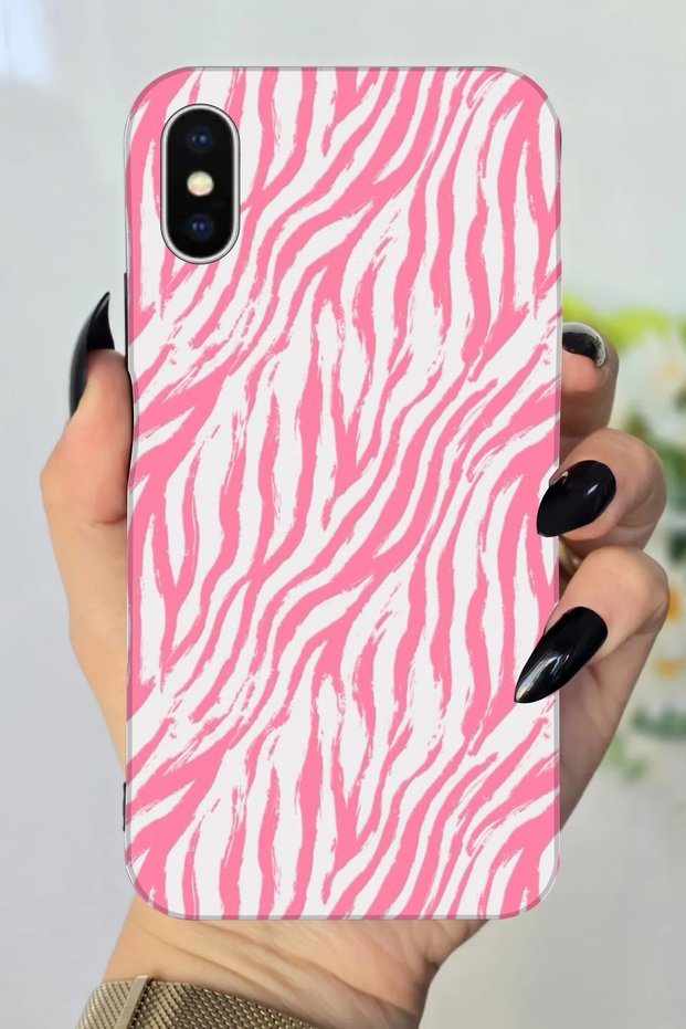 Apple iPhone X Compatible Hd+ Printed Pink Zebra Pattern Silicone Case