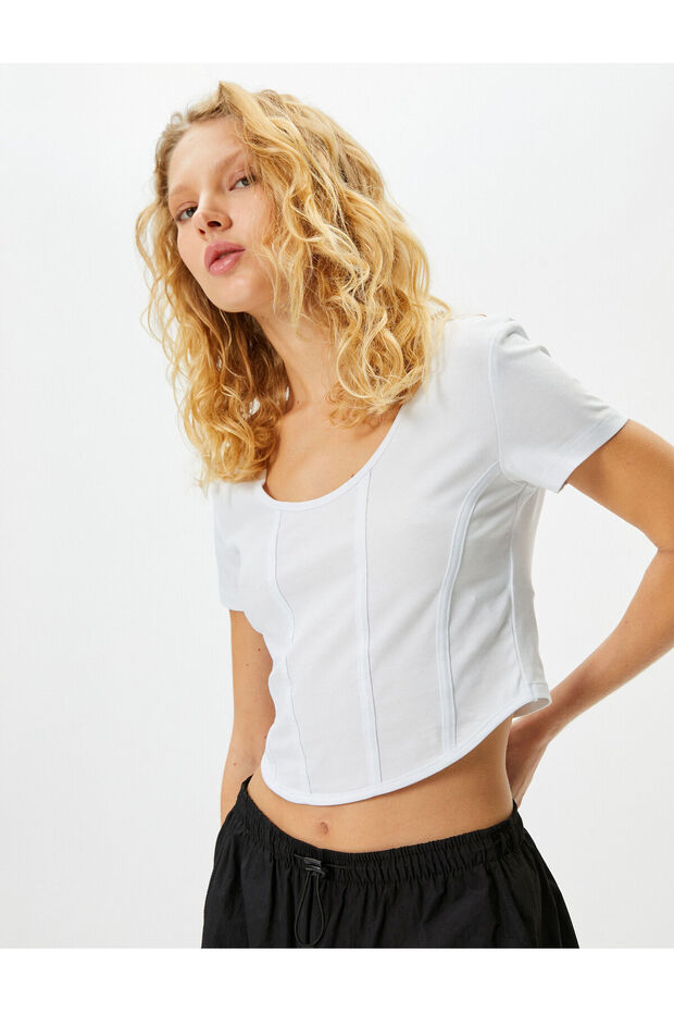 Crop T-Shirt Corset Look Tight Fit Short Sleeve U-Neck Cotton