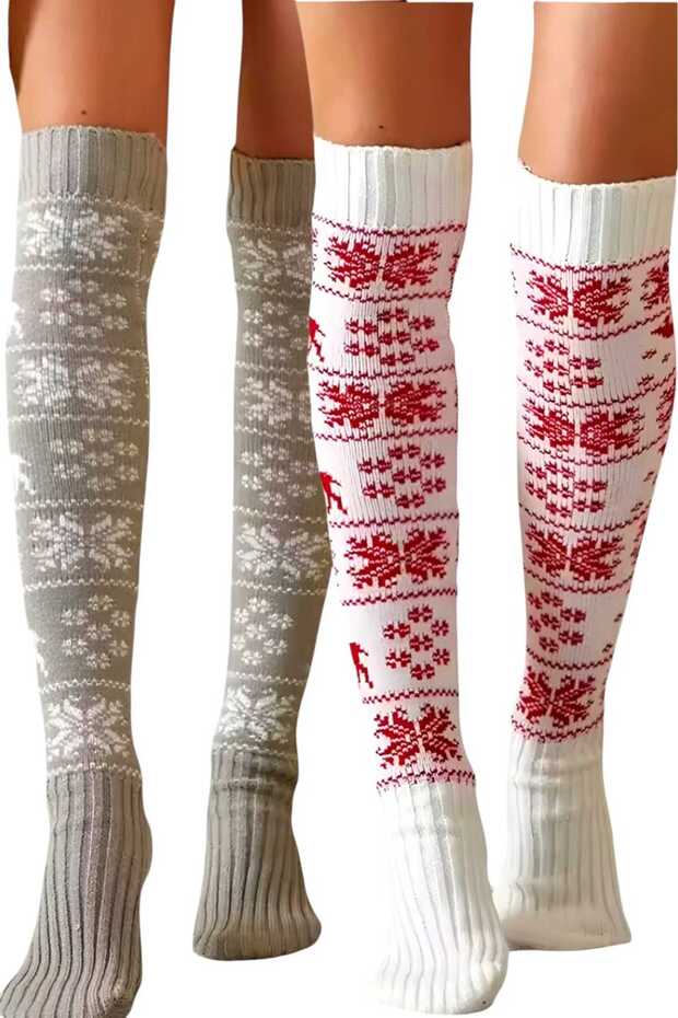 Women's 2-Color New Year Themed Snowflake Patterned Over-The-Knee Socks