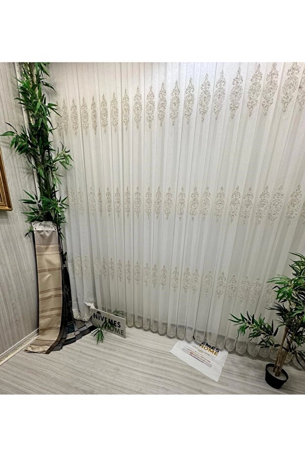 Nivemeshome Dila 2032 Gold Detailed 1/3 Tight Pleated Tulle Curtain Apm