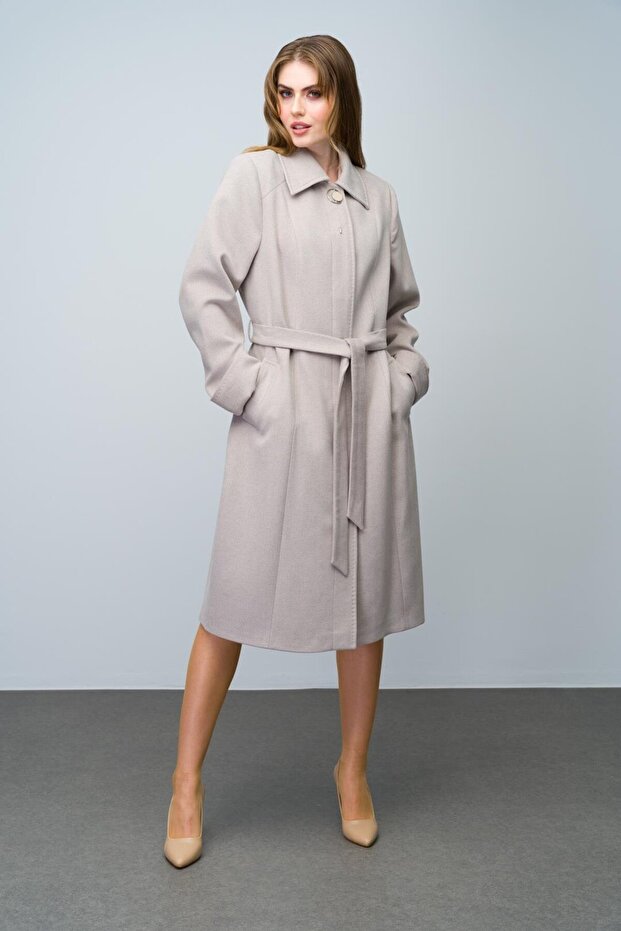 Shirt Collar Brooch and Punto Detailed Plus Size Coat Stone 3011