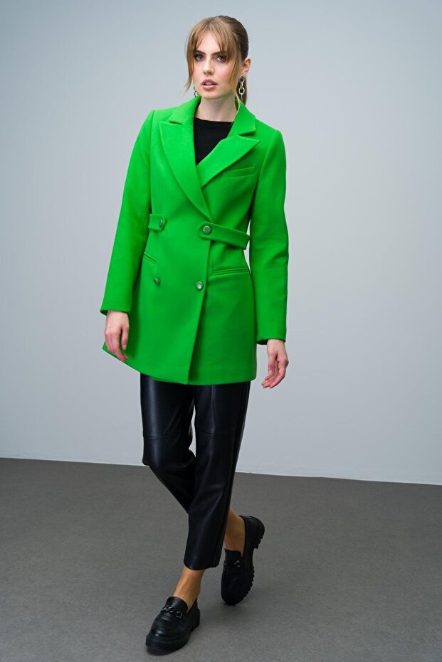 Belt Detailed Double-Breasted Short Coat Light Green 3017