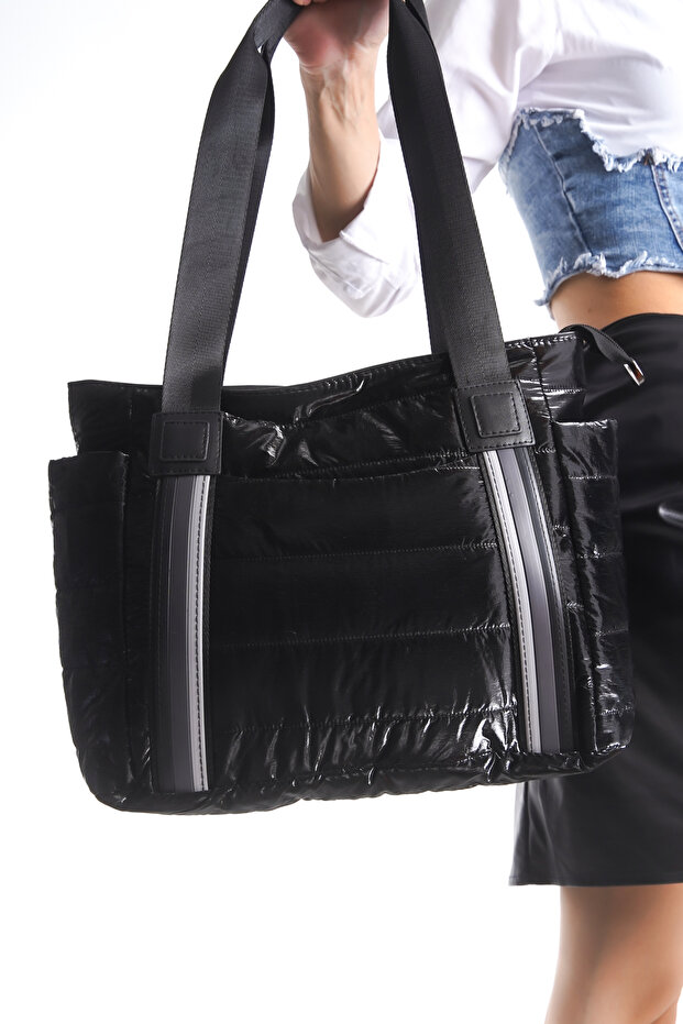 Women's Parachute Fabric Stripe Detailed Shiny Black Inflatable Casual Shoulder Bag