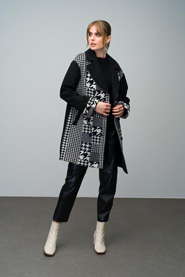 Goose Feet Pattern Detailed Double Breasted Oversize Coat Black 3005