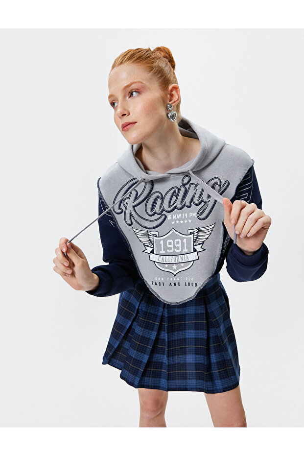 Hooded Crop Sweatshirt Slim Fit Printed Color Blocked