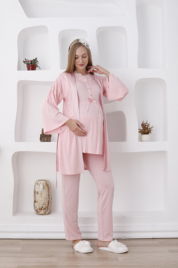 Maternity Clothing / Buttoned and Long Sleeve Pajamas and Dressing Gown Set - Slippers and Crown Gift
