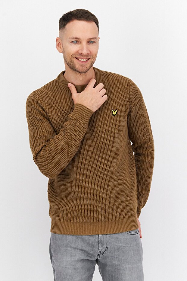 Men Crew Neck Long Sleeve Brand Logo Sweater, Tan