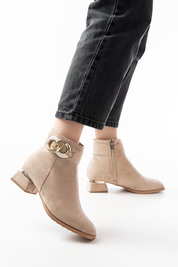 Rm-504 Beige Suede Buckle Accessory Heeled Zippered Casual Women's Boots