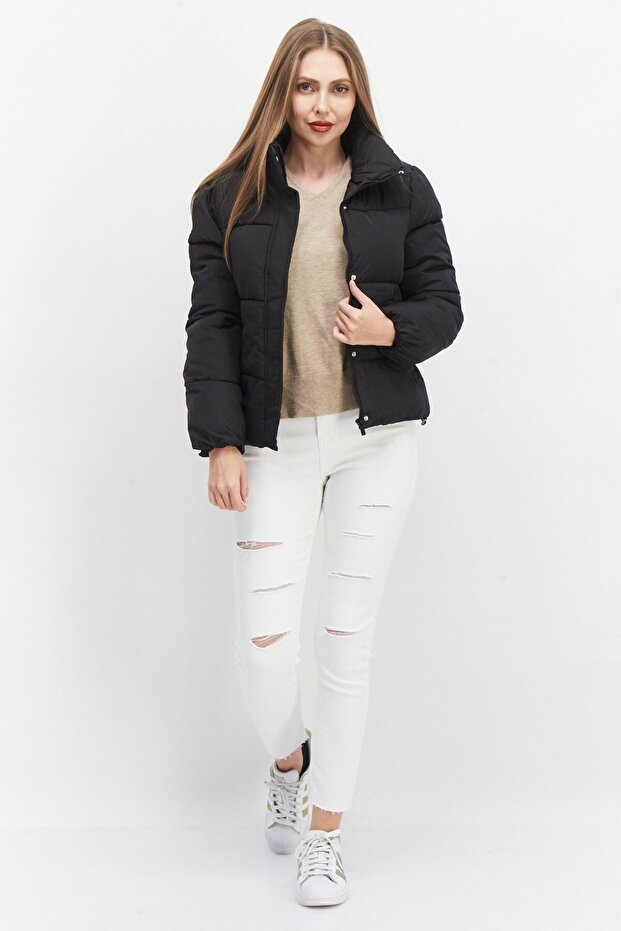 Women Solid Puffer Jacket, Black - 2