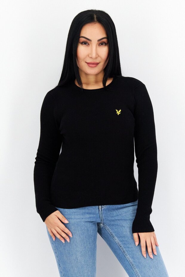 Women Crew Neck Embroidered Logo Ribbed Sweater, Black