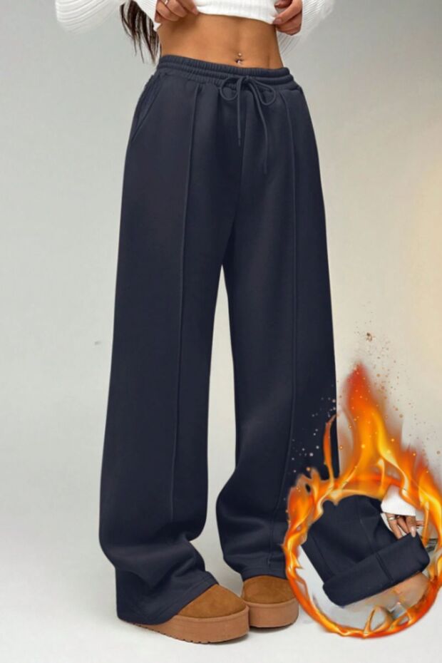 Çımalı Lacivert Kışlık Kalın Şardonlu Içi Polarlı Yüksek Bel Bol Paça Gizli Cepli Eşofman Altı - 5