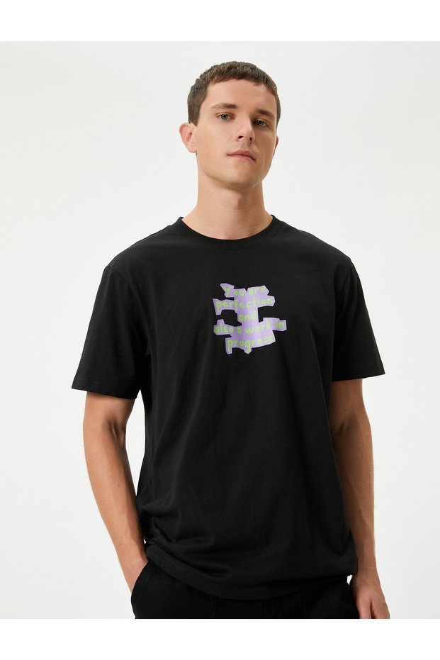 Crew Neck Slogan Printed Cotton T-Shirt