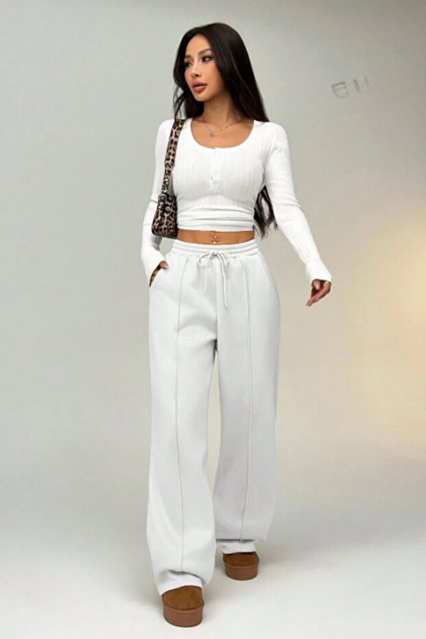 Striped Ecru White Winter Thick Raised Fleece Inside High Waist Wide Leg Sweatpants with Hidden Pockets