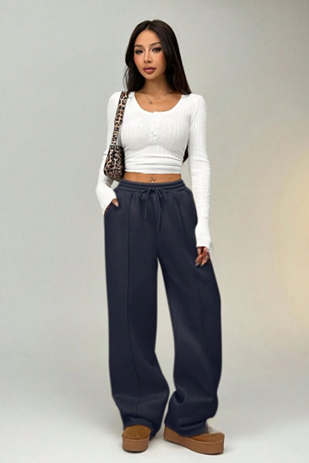 Çımalı Lacivert Kışlık Kalın Şardonlu Içi Polarlı Yüksek Bel Bol Paça Gizli Cepli Eşofman Altı - 2