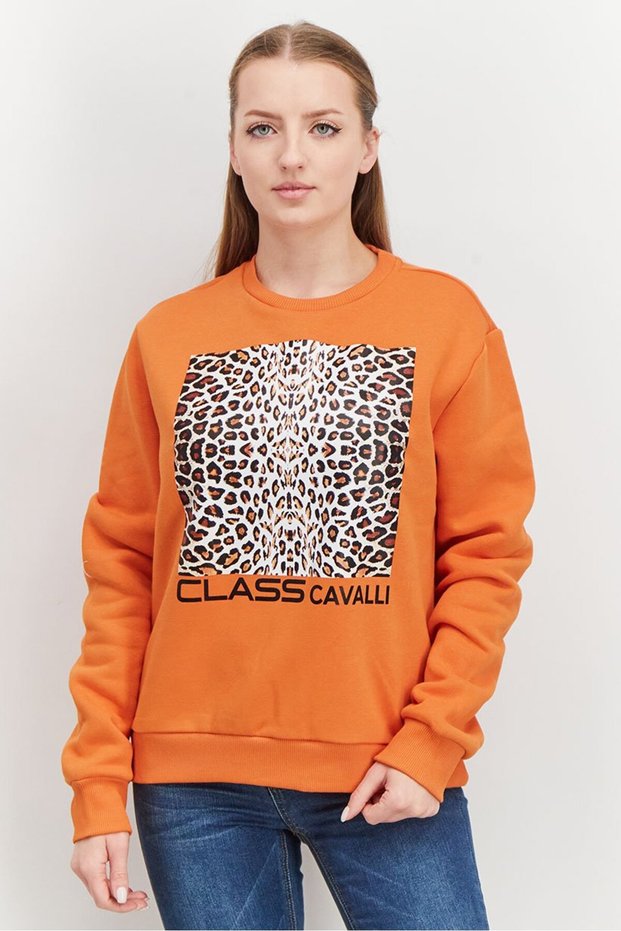 Women Round Neck Animal Print Long Sleeve Sweatshirts, Orange