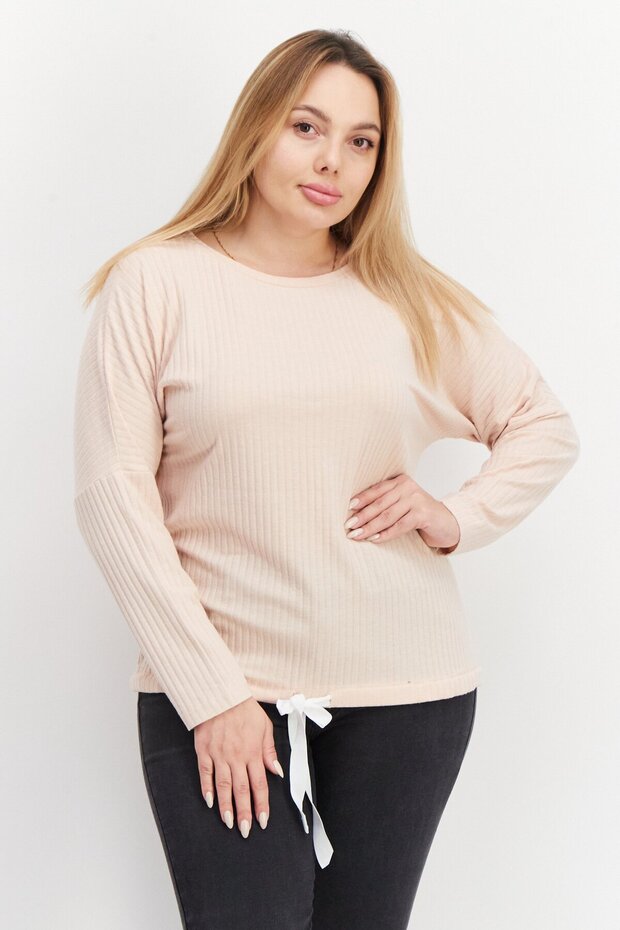 Women Round Neck Long Sleeve Ribbed Sweatshirt, Pink