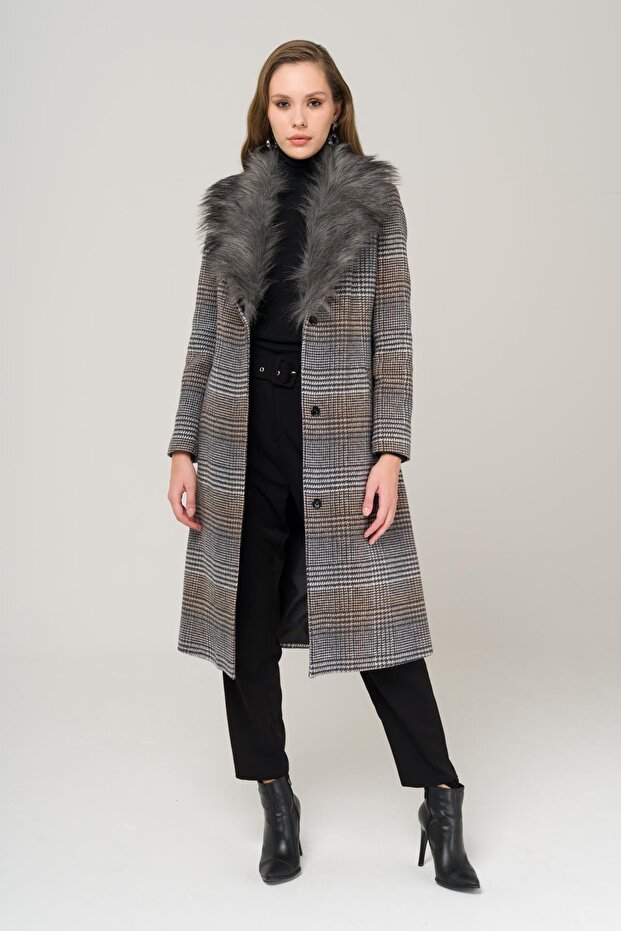 Detachable Fur Collar Waist Tied Medium Length Plaid Coat GRAY 3978