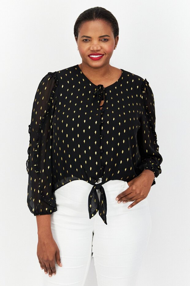 Women V Neck Long Sleeve Allover Print Blouse, Black