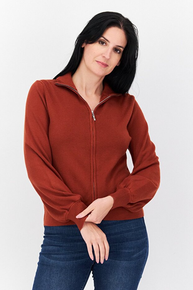 Women High Neck Textured Sweatshirt, Dark Brown