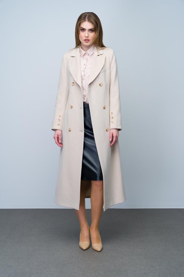 Apolet and Polo Pocket Detailed Double-Breasted Medium Length Coat Bej 3009