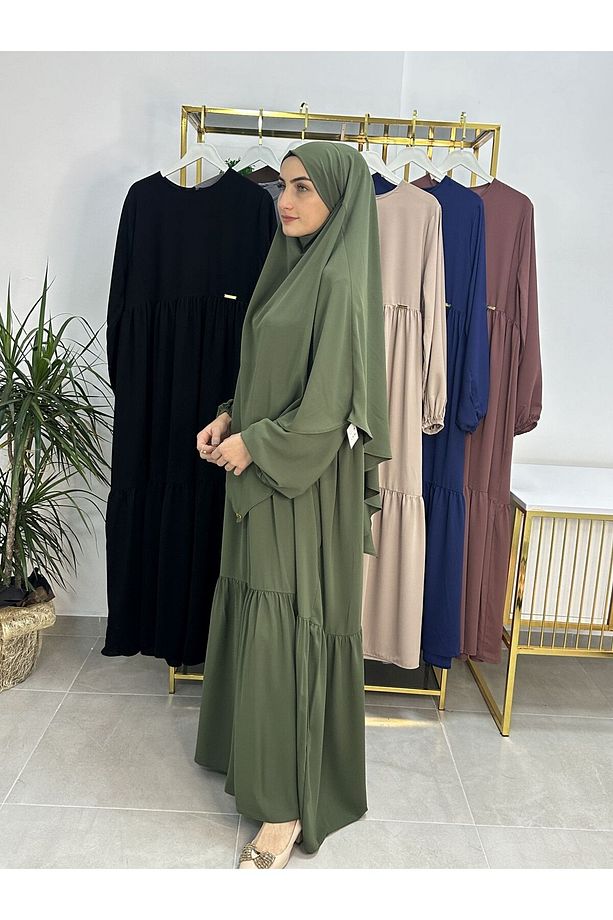 Ferace & Abaya SUFLE EŞARP ve İKİ KAT BÜZGÜLÜ ELBİSE TAKIM.HİJAB .hac Ve Umre Için Uygundur yeşil - 3