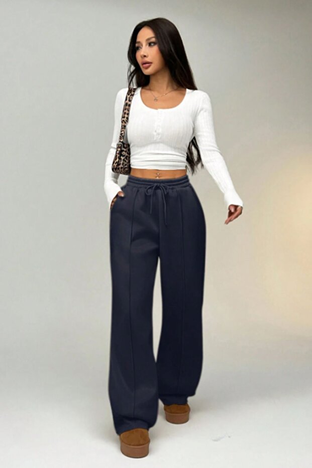 Çımalı Lacivert Kışlık Kalın Şardonlu Içi Polarlı Yüksek Bel Bol Paça Gizli Cepli Eşofman Altı - 1