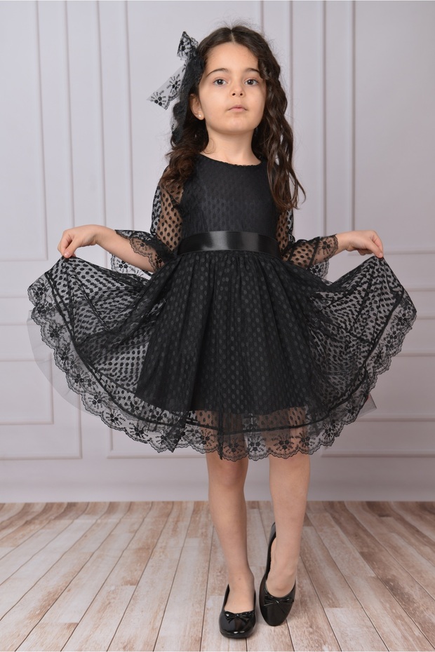 Girls' Dress Black Girls' Buckle Dress Girls' Dress Tulle Lace Dress