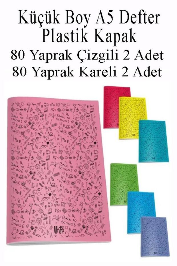 Defter Plastik Kapak A5 80 Yaprak Çizgili 2 Adet ve 80 Yaprak Kareli 2 Adet Küçük Boy Defter - 2
