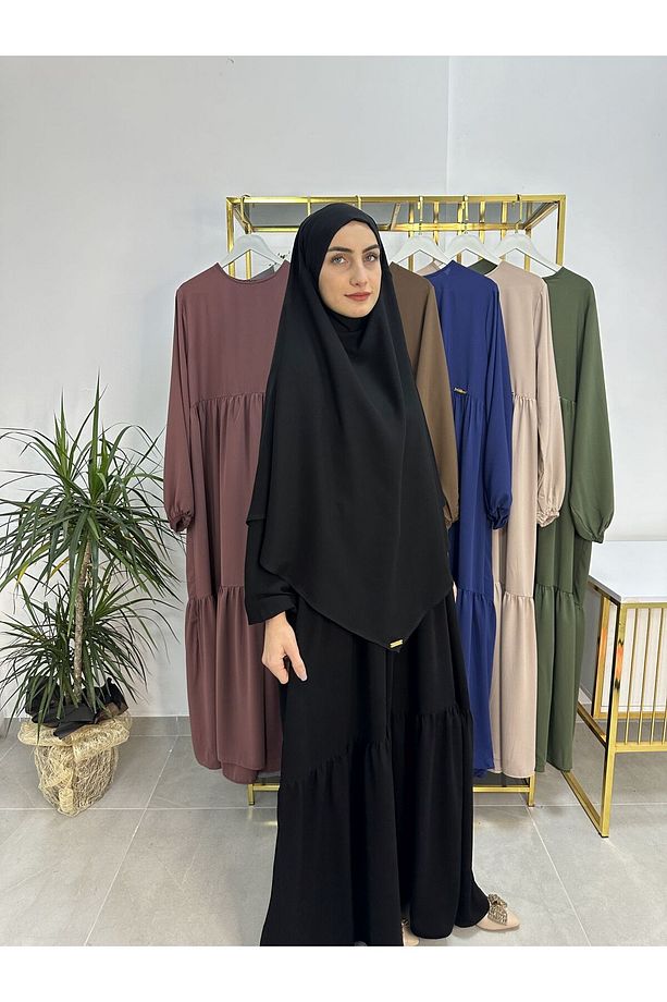 Ferace & Abaya SUFLE EŞARP ve İKİ KAT BÜZGÜLÜ ELBİSE TAKIM.HİJAB .hac Ve Umre Için Uygundur siyah01 - 7
