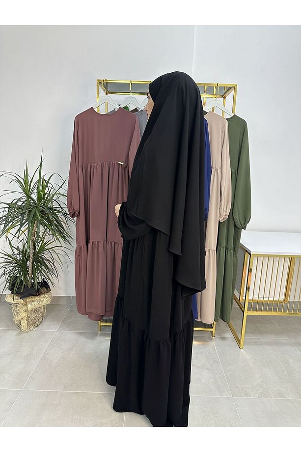 Ferace & Abaya SUFLE EŞARP ve İKİ KAT BÜZGÜLÜ ELBİSE TAKIM.HİJAB .hac Ve Umre Için Uygundur siyah01 - 4