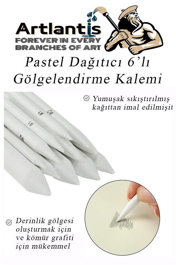 Pastel Dağıtıcı Gölgelendirme Kalemi 6 Lı 1 Paket Ve 1 Adet Hamur Silgi Kaynaştırma Kalemi Kara Kale - 6