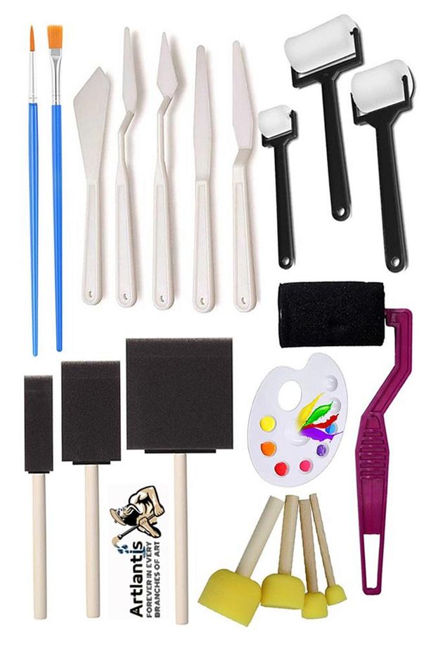 Rulo Kesik Uçlu ve Tampon Sünger Fırça Seti 19 Parça 1 Paket Resim Fırçası Palet Ponpon Spatula Akri - 1