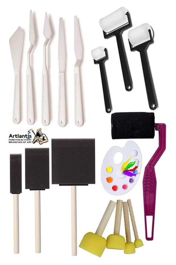 Roller Cut Tip and Bumper Sponge Brush Set 17 Pieces 1 Pack Art Palette Pompom Spatula Acrylic Boy