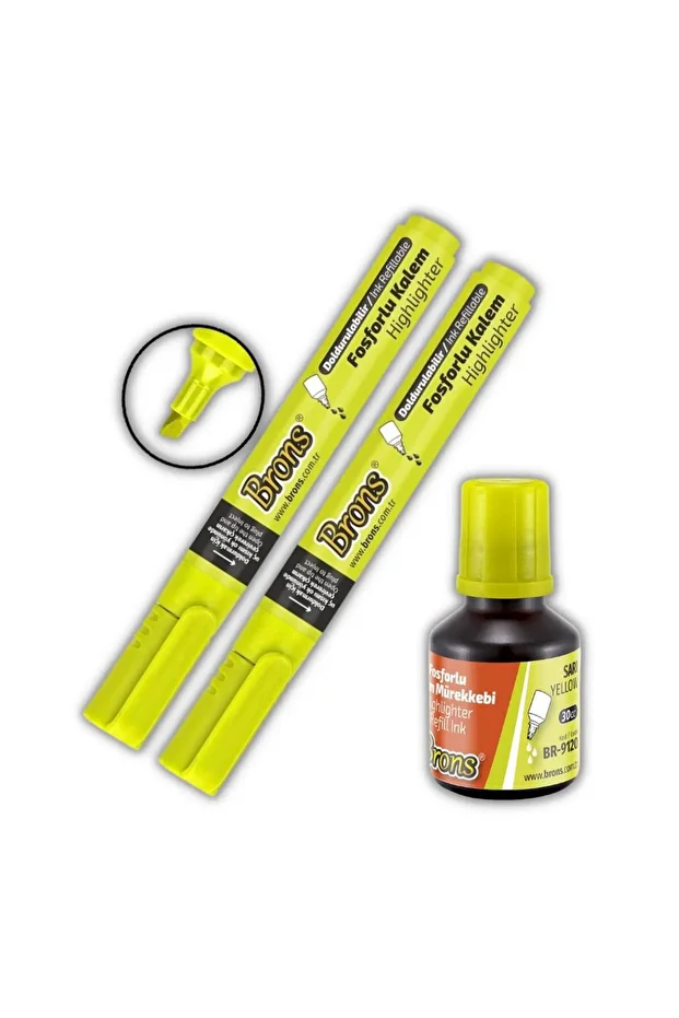 Fosforlu Kalem Sarı Doldurulabilir 2 Adet ve Mürekkebi 30ml 1 Adet - 1