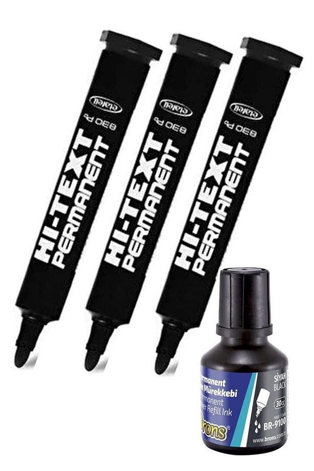 Siyah Yuvarlak Uçlu Markör Permanent Kalem 3 Adet Hı-Text Marker Mürekkep Siyah 30 Ml 1 Adet Brons K - 1