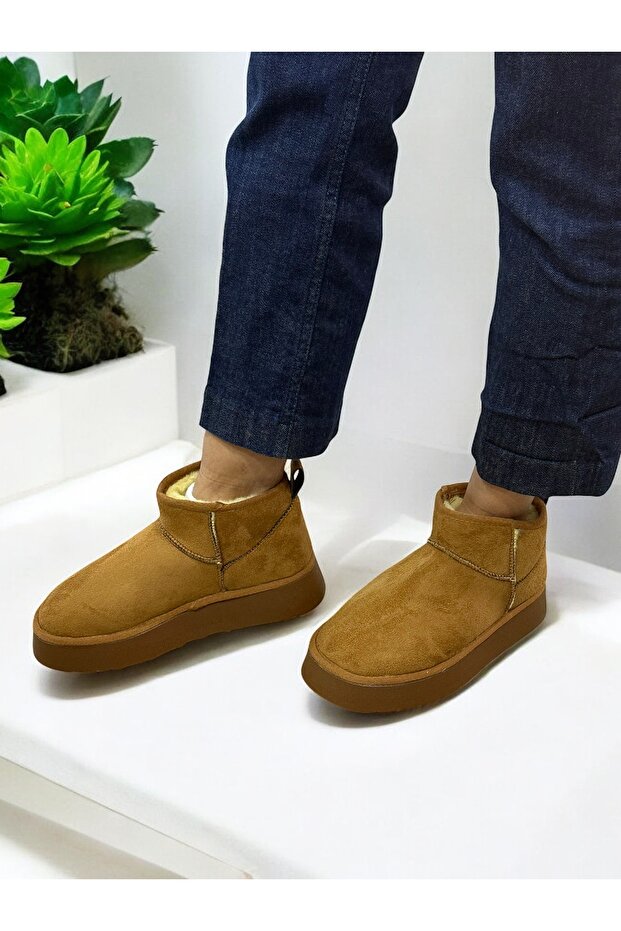 Kadın Taba Süet Yarım Bot Içi Peluşlu Kalın Taban Platformlu Ayakkabı Bot Bootie - 2