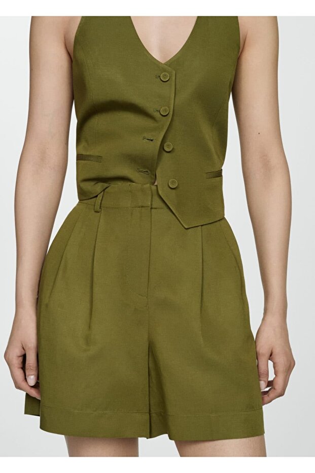 Keten karışımlı pilili bermuda şort - 1