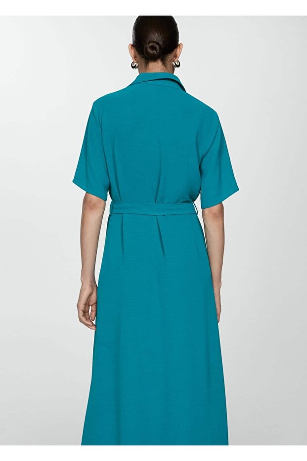 Kuşaklı gömlek elbise - 4