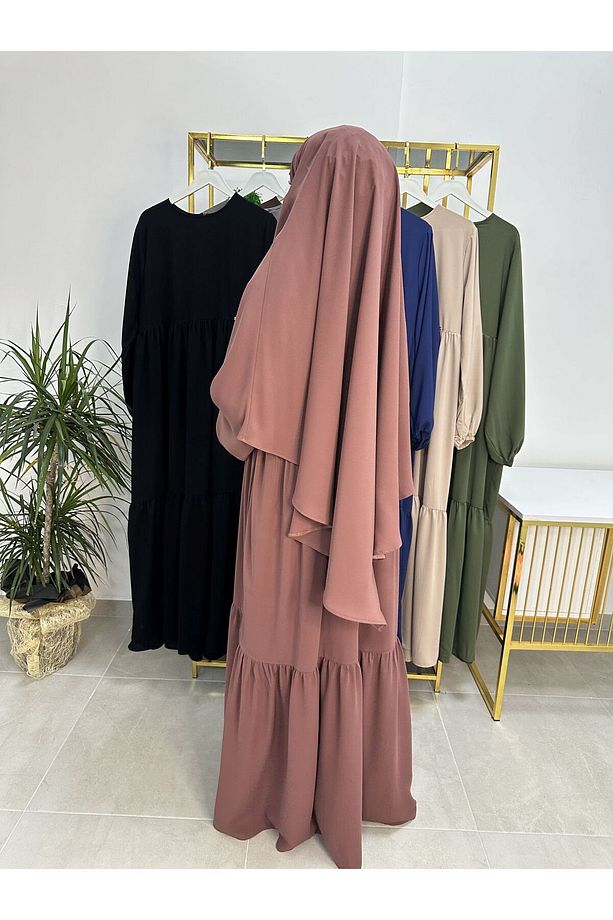 Ferace & Abaya SUFLE EŞARP ve İKİ KAT BÜZGÜLÜ ELBİSE TAKIM.HİJAB .hac Ve Umre Için Uygundur gül - 6