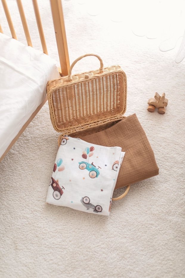 Set of 2 100% Organic Cotton - Car Printed 90X100 Muslin Baby Blanket