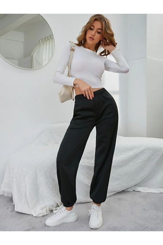 Women's Black Elastic Leg Sweatpants with Pockets