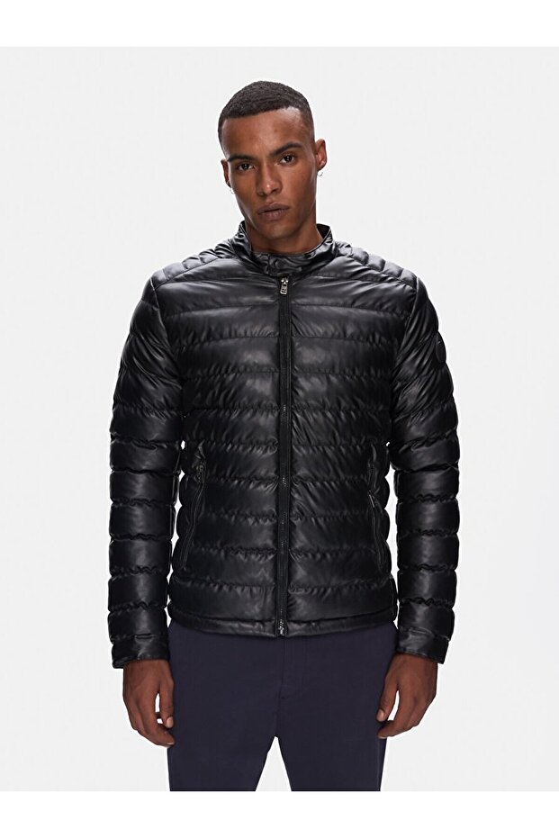 Dik Yaka Fermuarlı Siyah Mont - 2