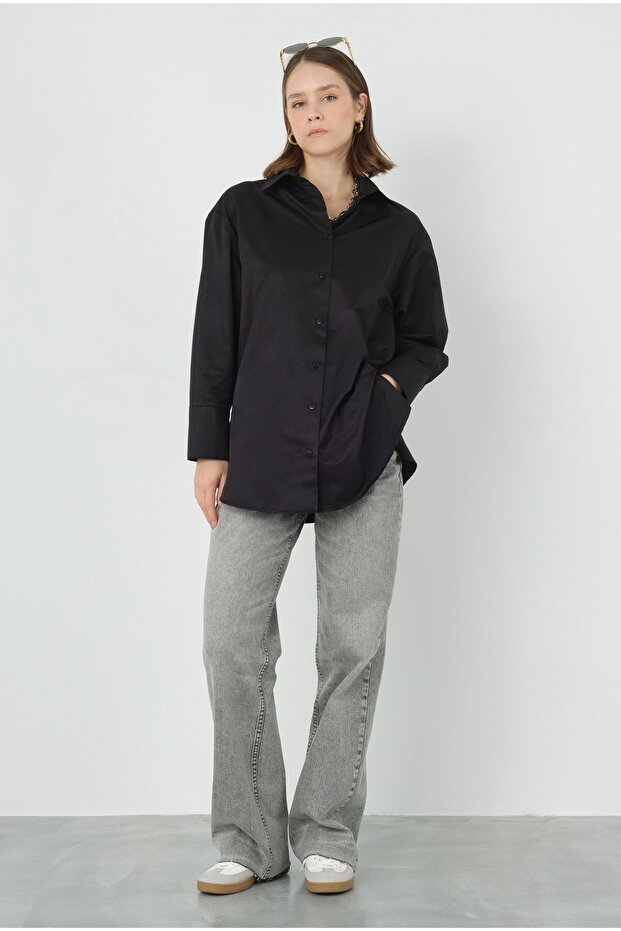 Poplin Gömlek Kısa Siyah - 5