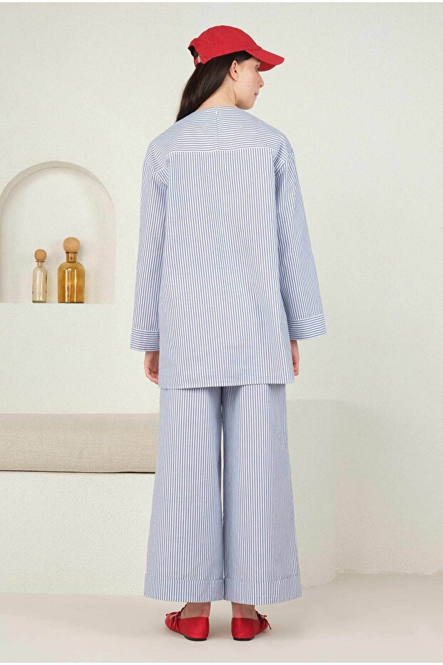 Poplin Çizgili Tunik Mavi - 4
