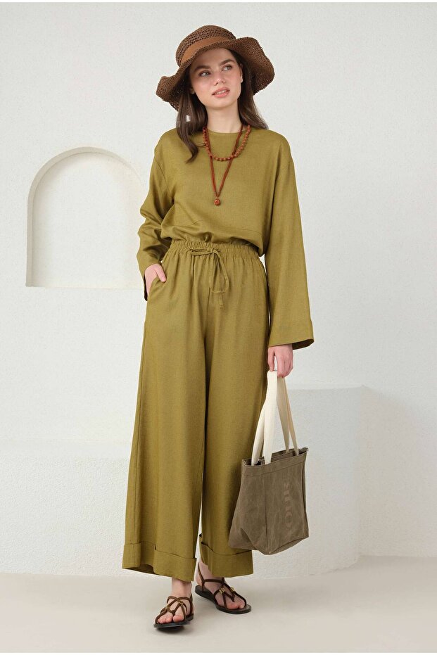Olive Linen Wide Leg Trousers