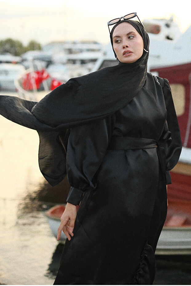 Fırfırlı Tafta Kaftan Siyah - 2