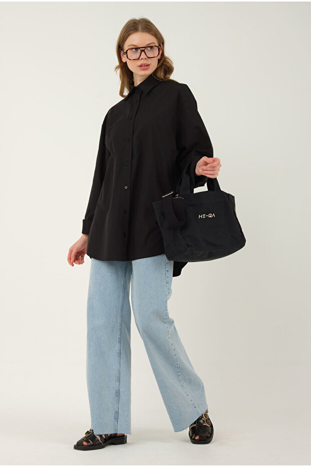 Poplin Gömlek Kısa Siyah - 8