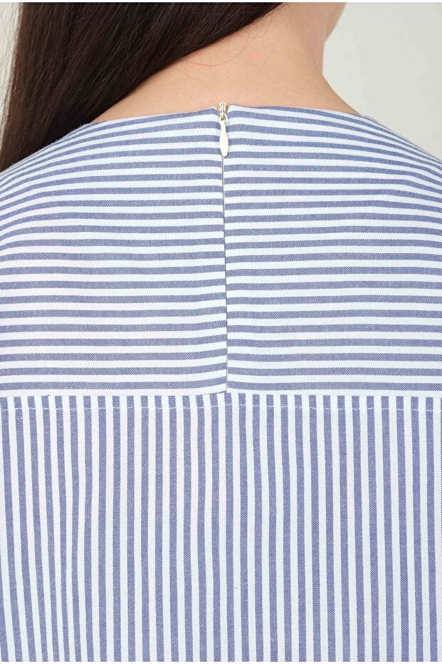 Poplin Çizgili Tunik Mavi - 5